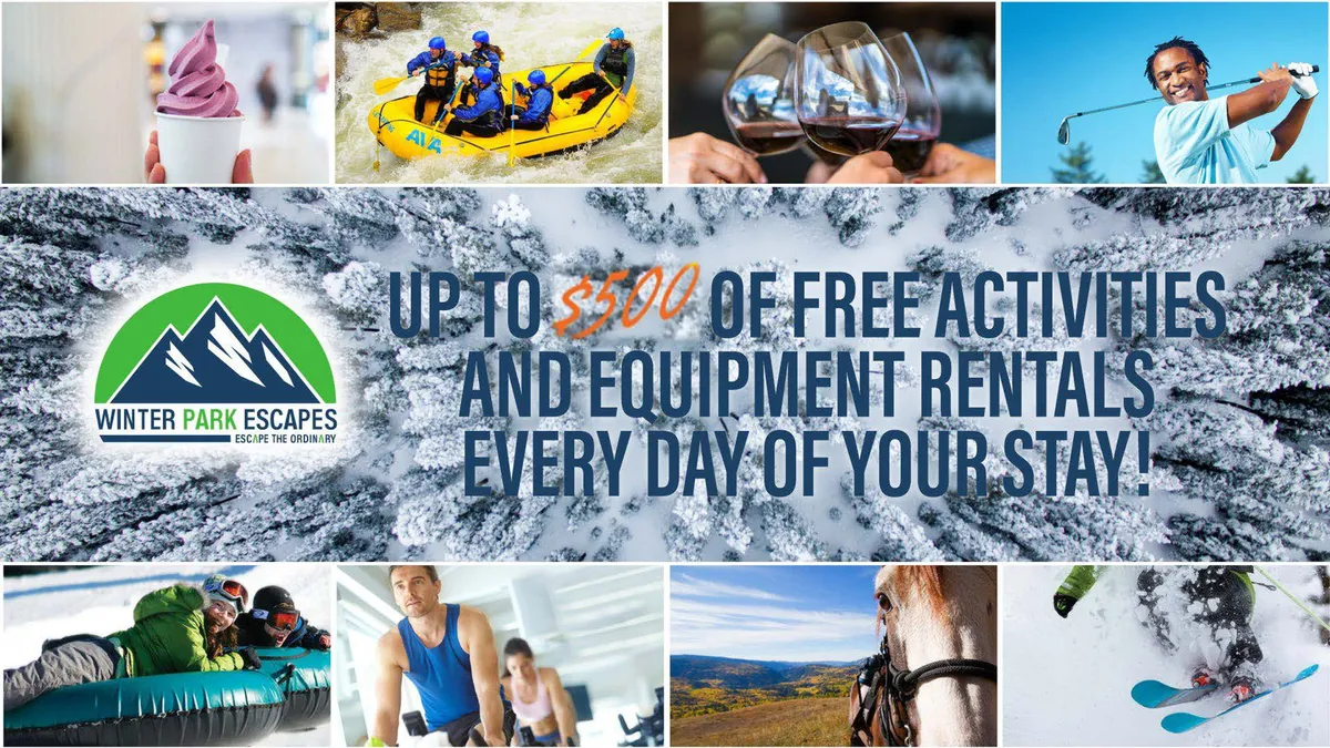 A vivid promotional image showcasing people actively engaged in a variety of mountain adventures, including thrilling white-water rafting, skiing, wine tasting, golfing, and horse riding. The image also features branding and text elements promoting complimentary activities associated with the property.